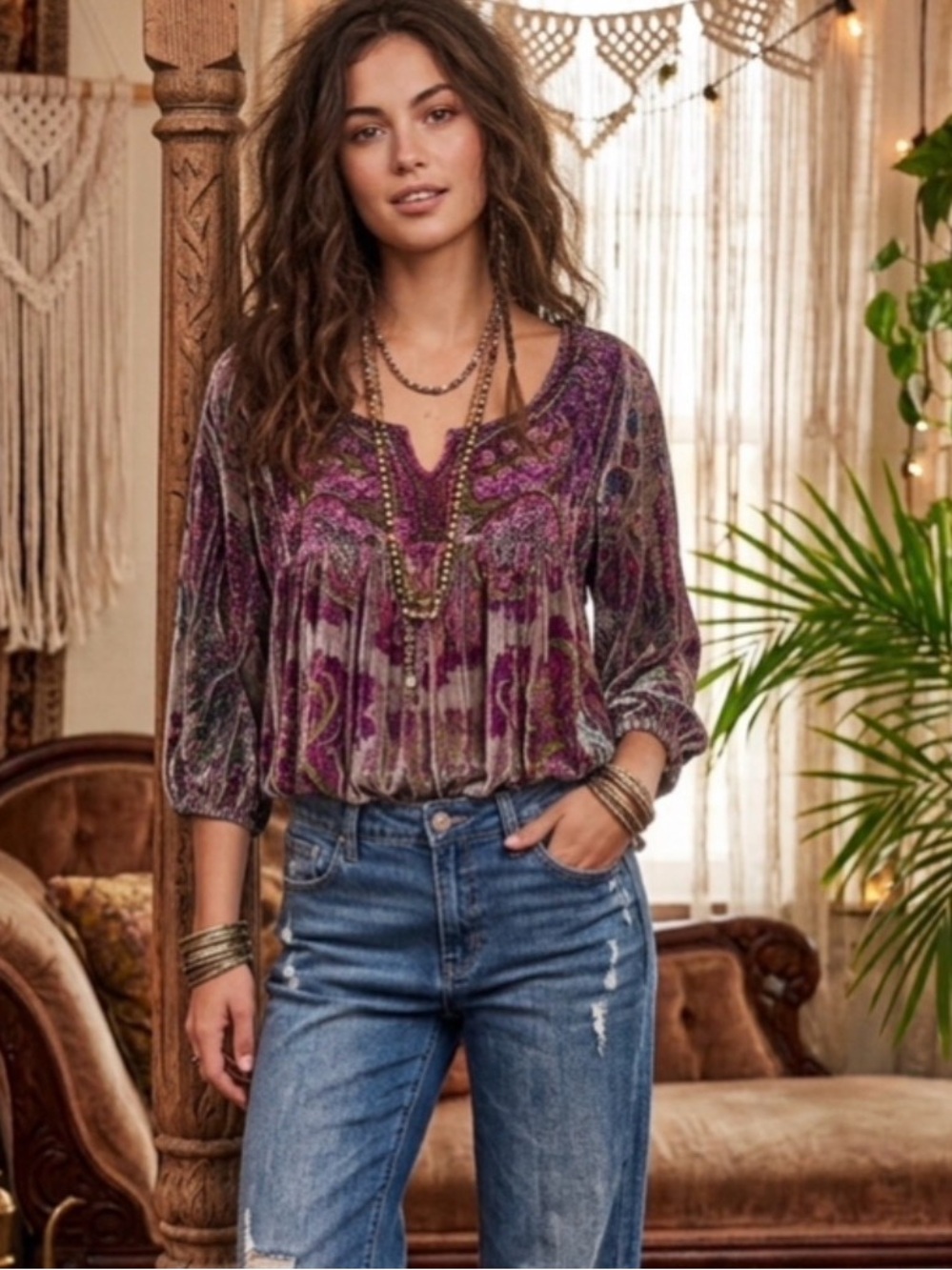 Vintage Y2K One World Live and Let Live Velvet Boho Hippie Peasant Top 70s S